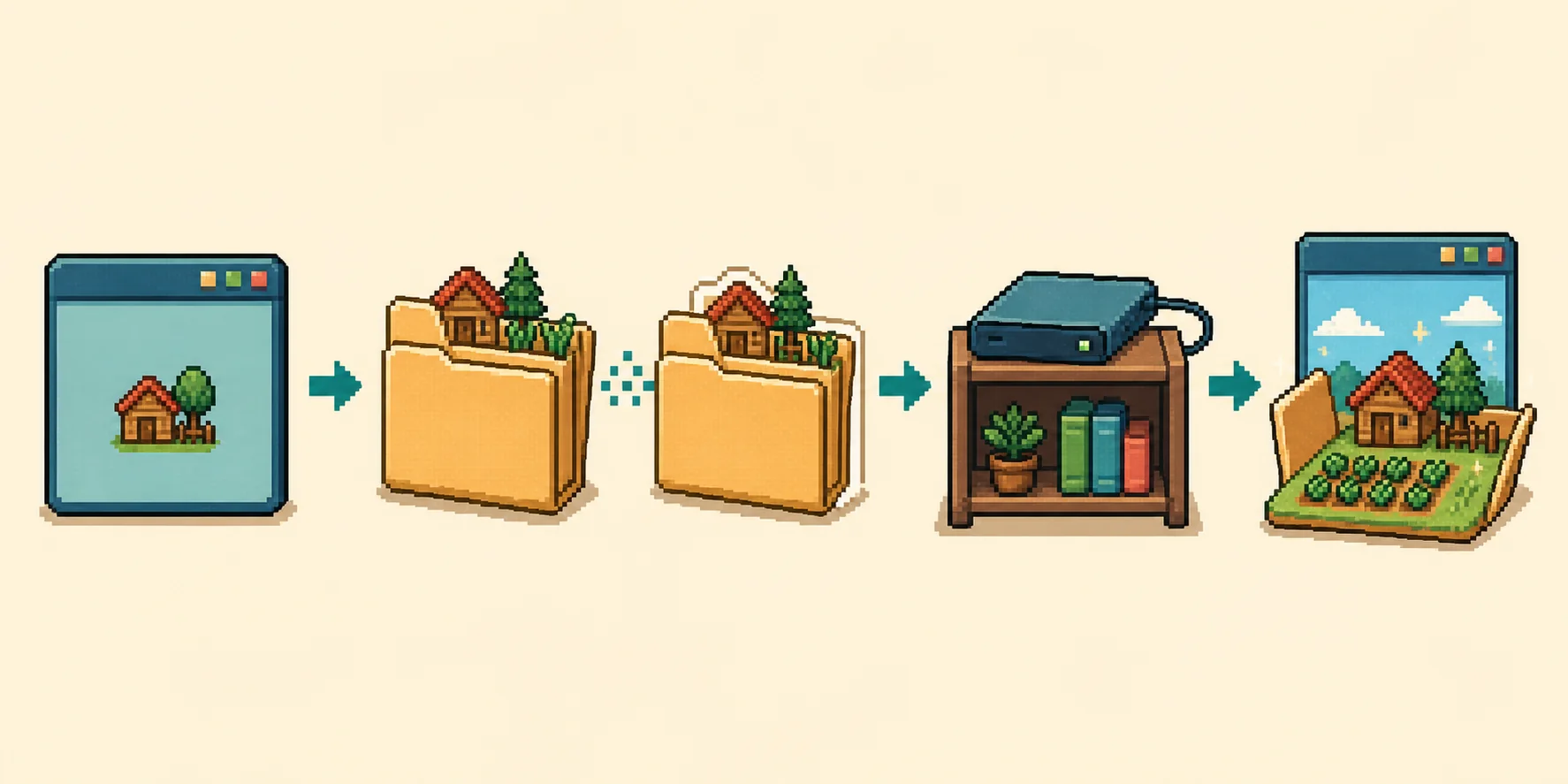 Editorial diagram showing a farm save moving from a closed game to a copied folder, separate storage and a test farm
