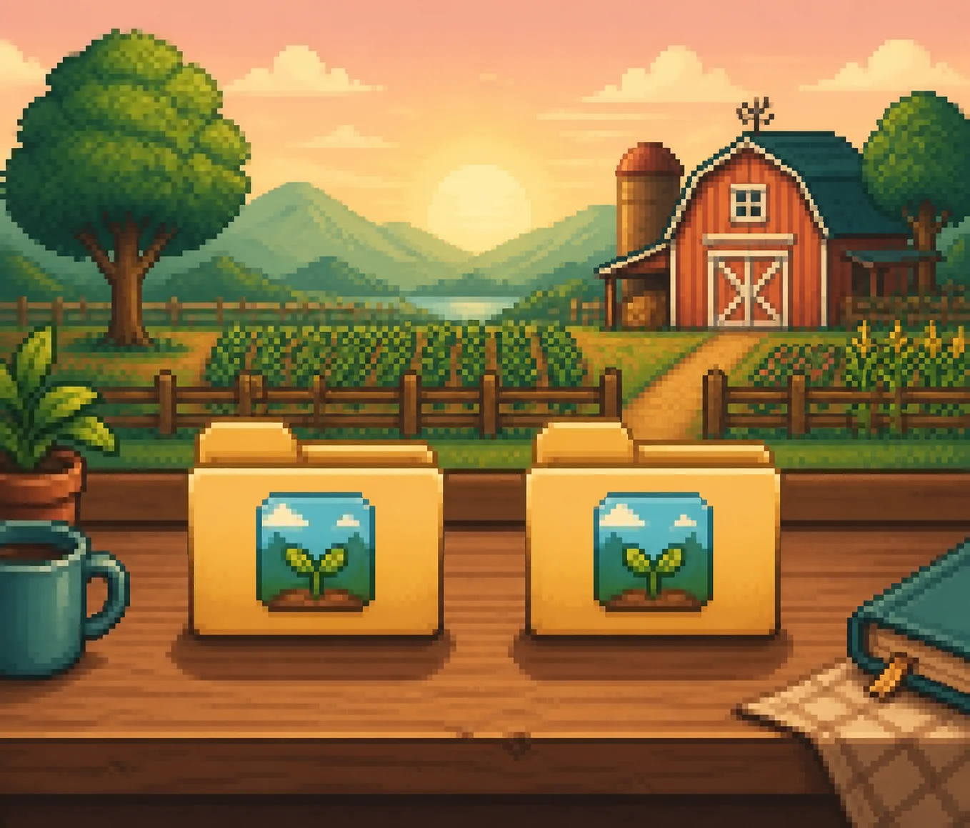 Editorial illustration of two farm save folders beside a cozy pixel-style farm