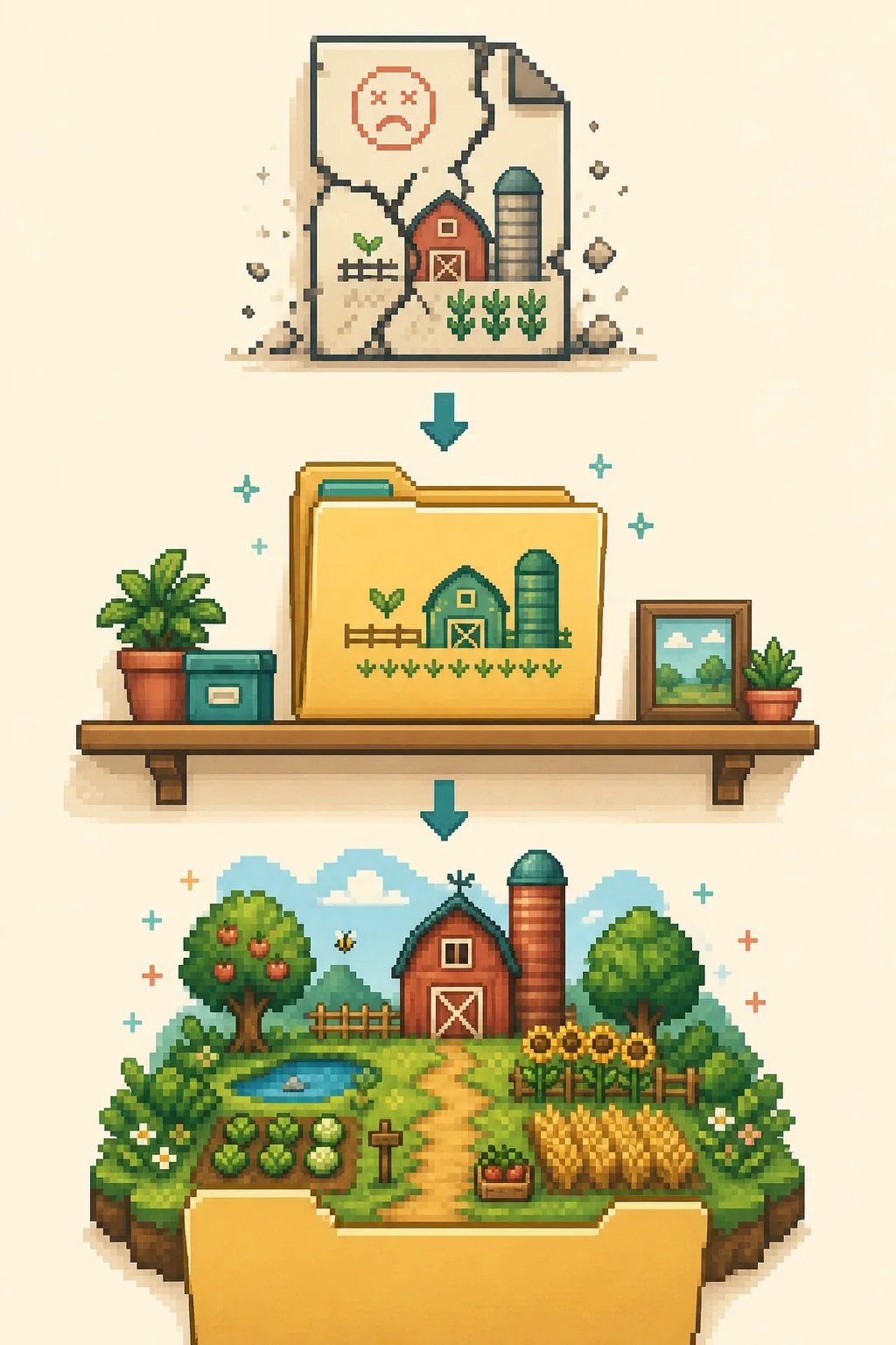 Editorial diagram showing a damaged farm file replaced by an untouched backup folder and a healthy restored farm